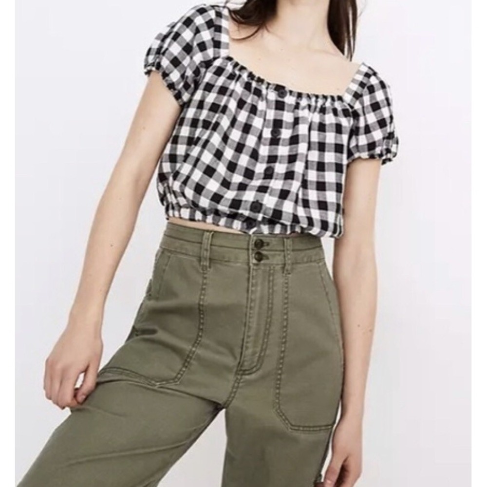 Madewell Puff Sleeve Button Front Crop Top Gingham Linen Blend Black White XL